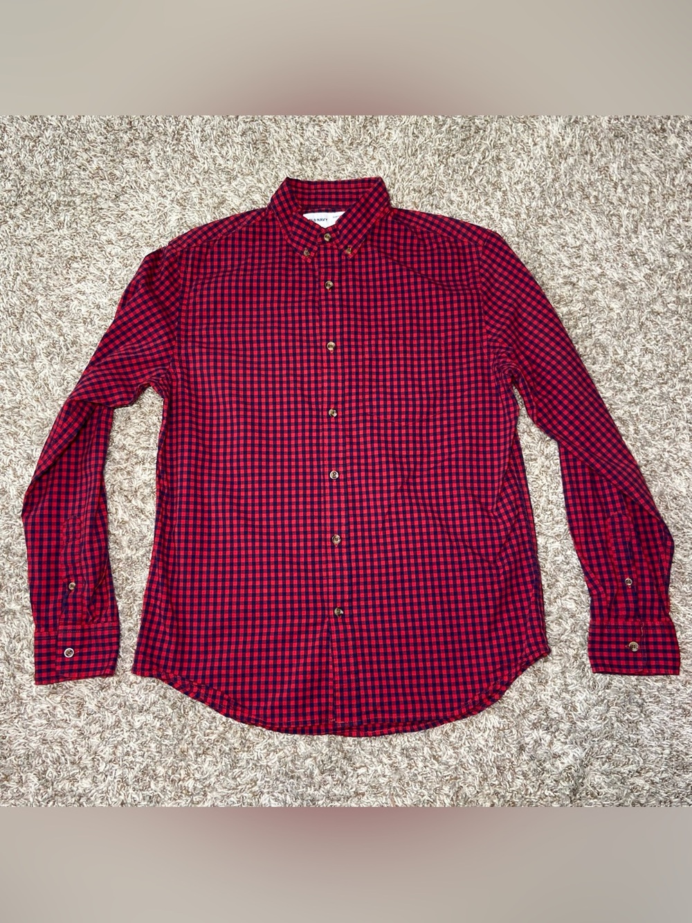 OLD NAVY Red Black Plaid Checker Button-Down Long Sleeve Shirt Size Medium